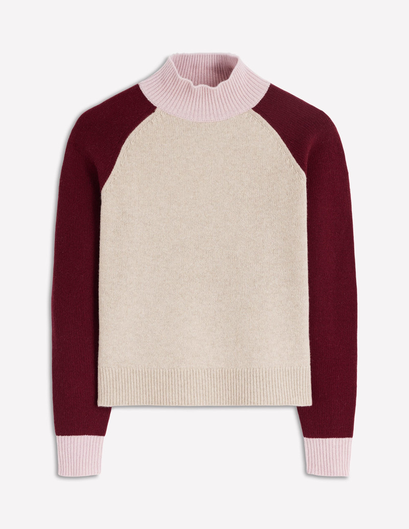 Marion Merino Rib Neck Sweater-Linen, Pinotage Colour Block 1