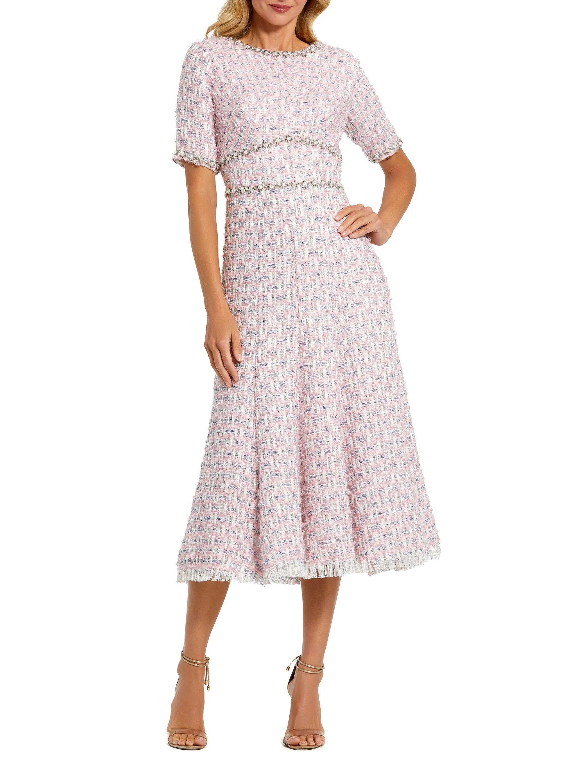 Women's Beaded Tweed Midi-Dress - Pink Multi - 1