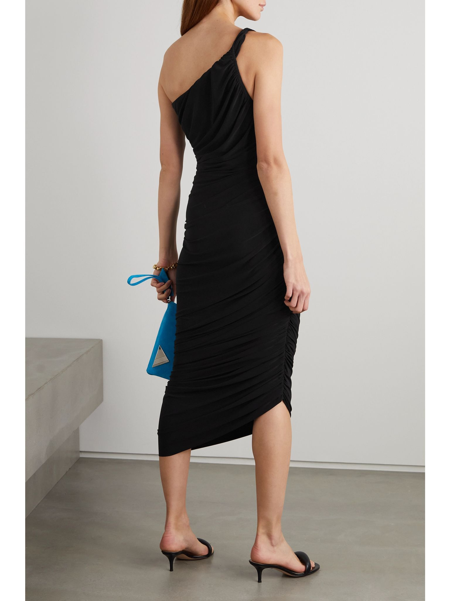Diana one-shoulder ruched stretch-jersey gown Black - 3