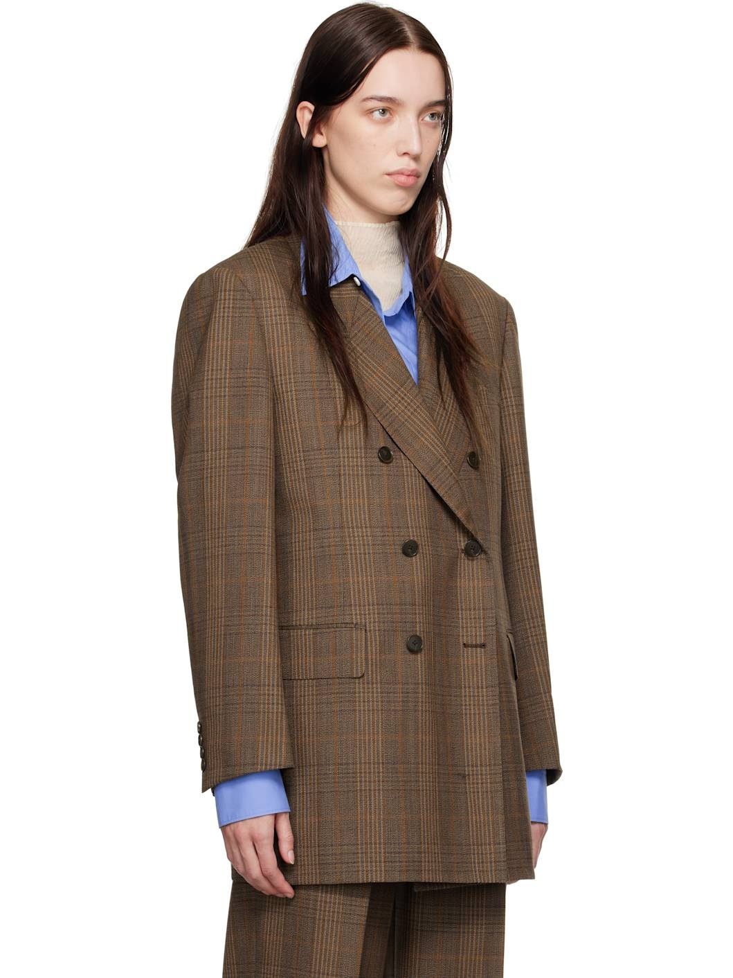 Brown Bluefaced Wool Check Double-Breasted Blazer - 2