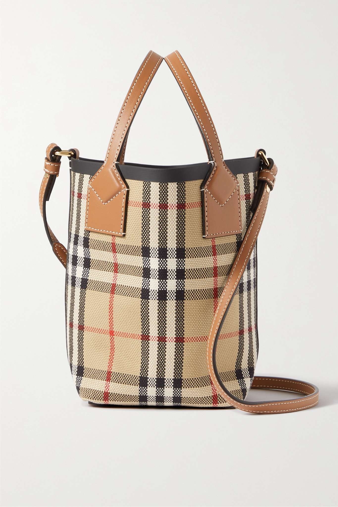 Leather-trimmed checked canvas tote - 1