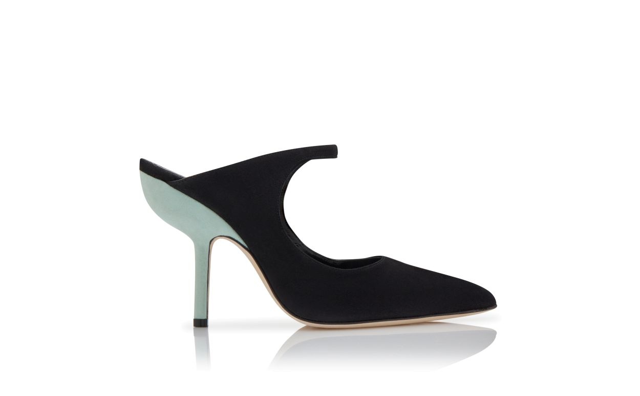 Black and Green Suede Pointed Toe Mules - 1