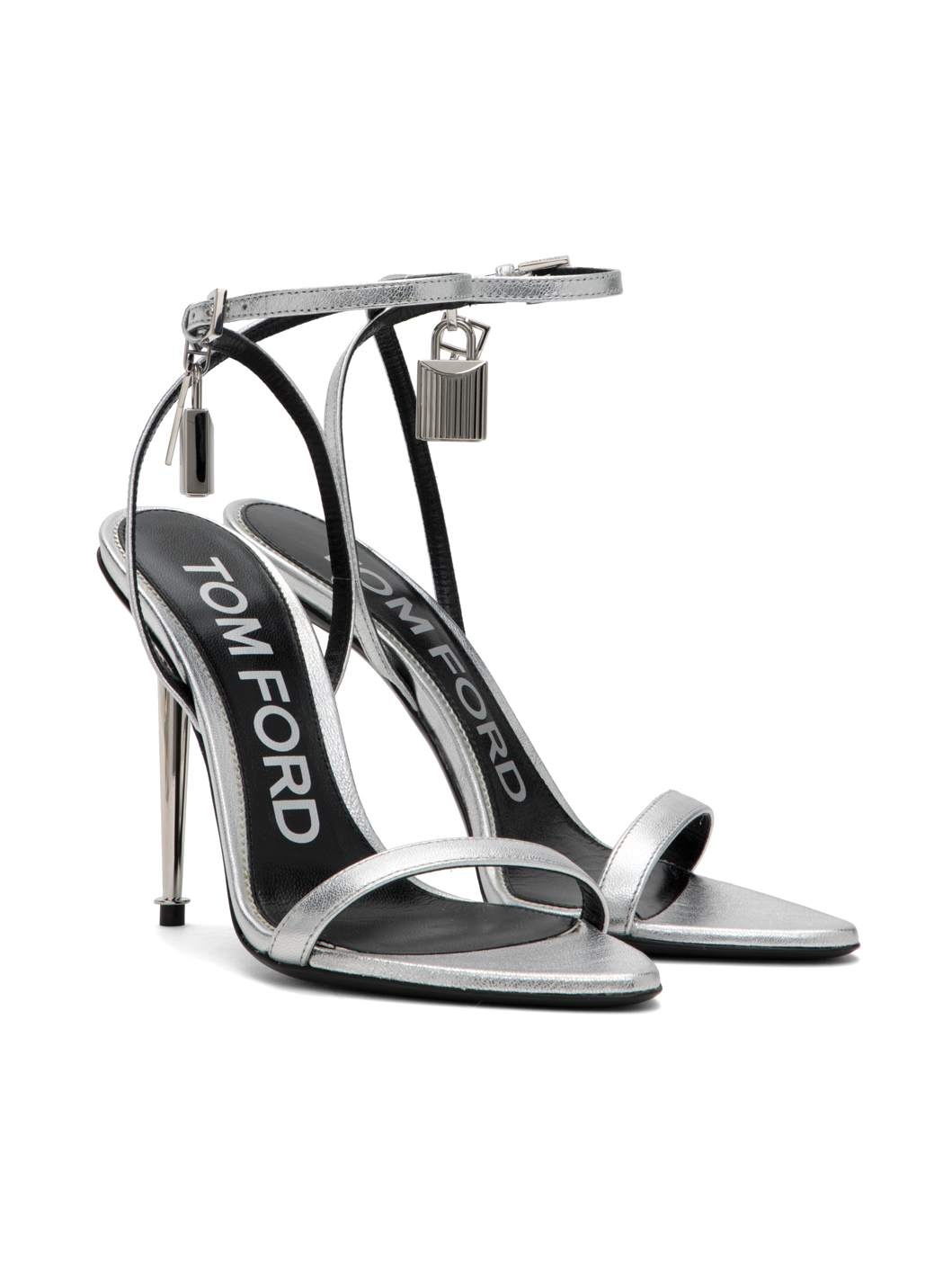 Silver Padlock Pointy Naked Heeled Sandals - 4