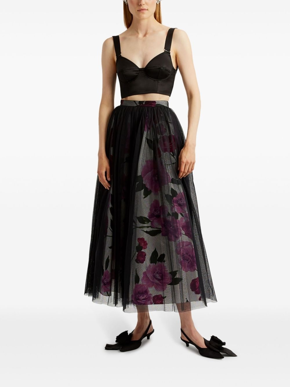 tulle-overlay floral-print midi skirt - 2