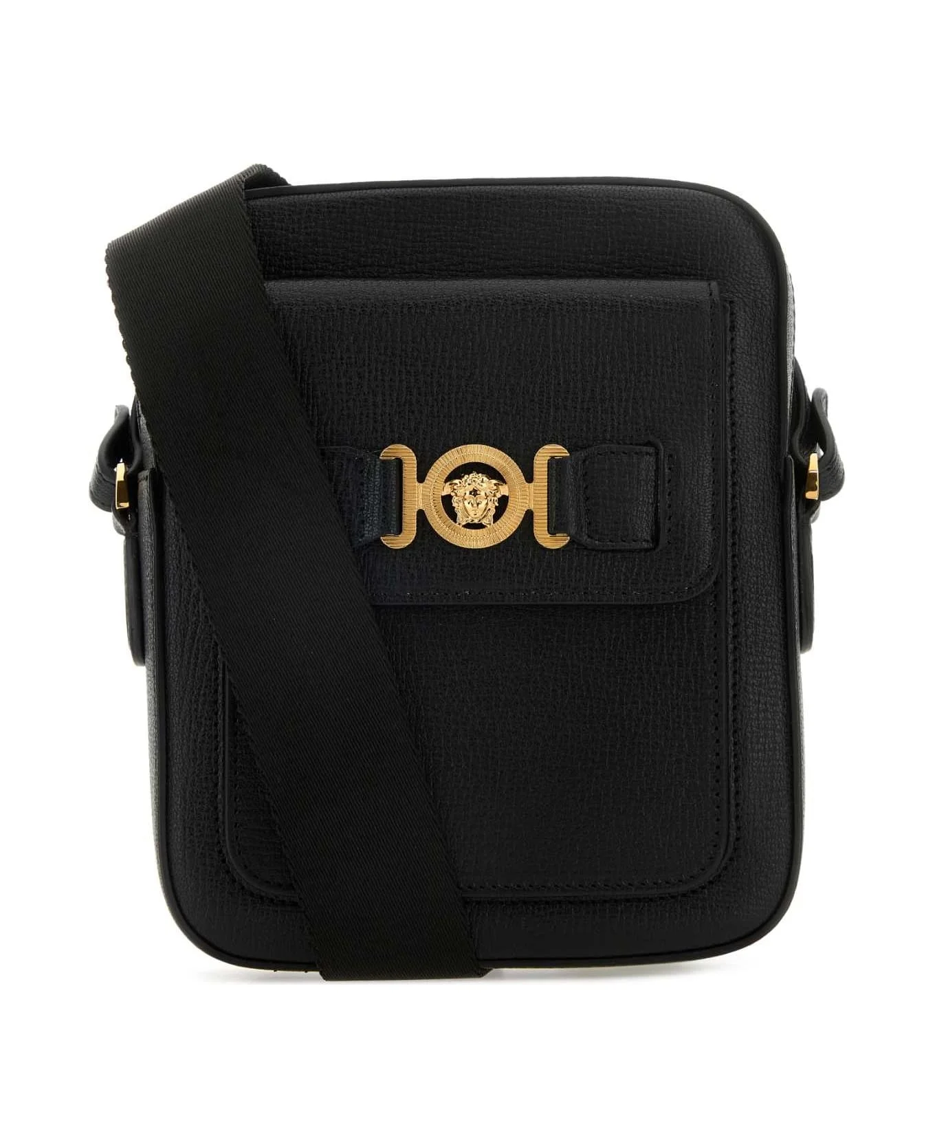 Black Leather Medusa Biggie Crossbody Bag - 1