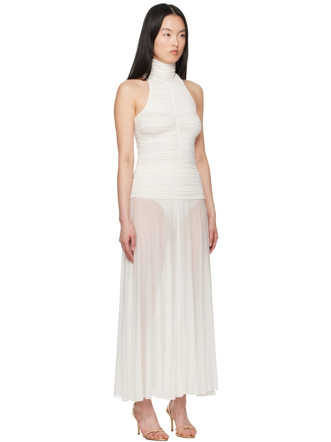 White Ruched High Neck Maxi Dress - 2