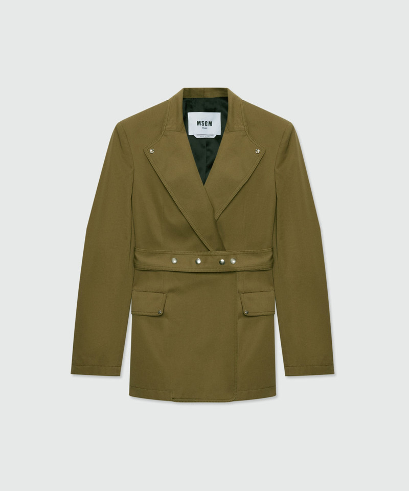 Military green double-breasted cotton gabardine jacket with belt and visible metal buttons 1