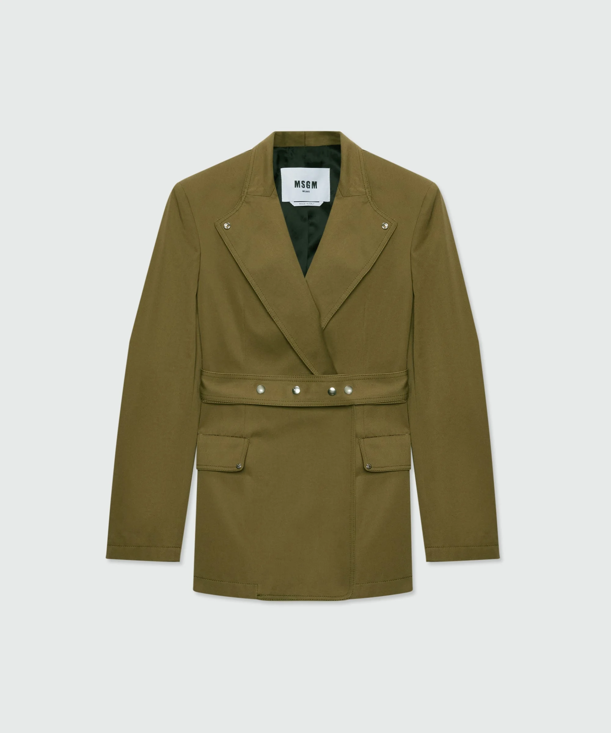 Military green double-breasted cotton gabardine jacket with belt and visible metal buttons - 1