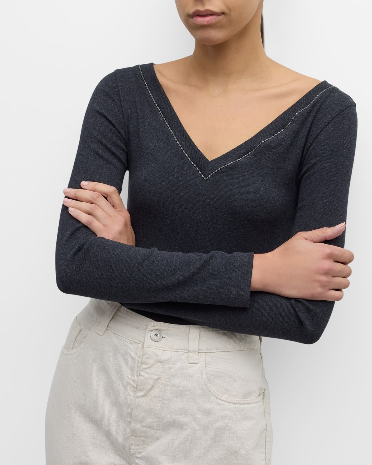 Ribbed Jersey V-Neck Top with Monili Edging - 7