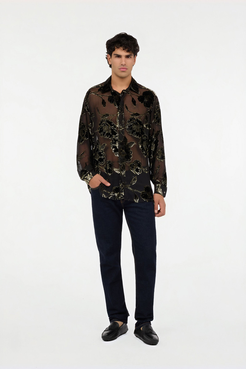 Roberto Cavalli Black and Gold See-Through Shirt with Floral Pattern outlook