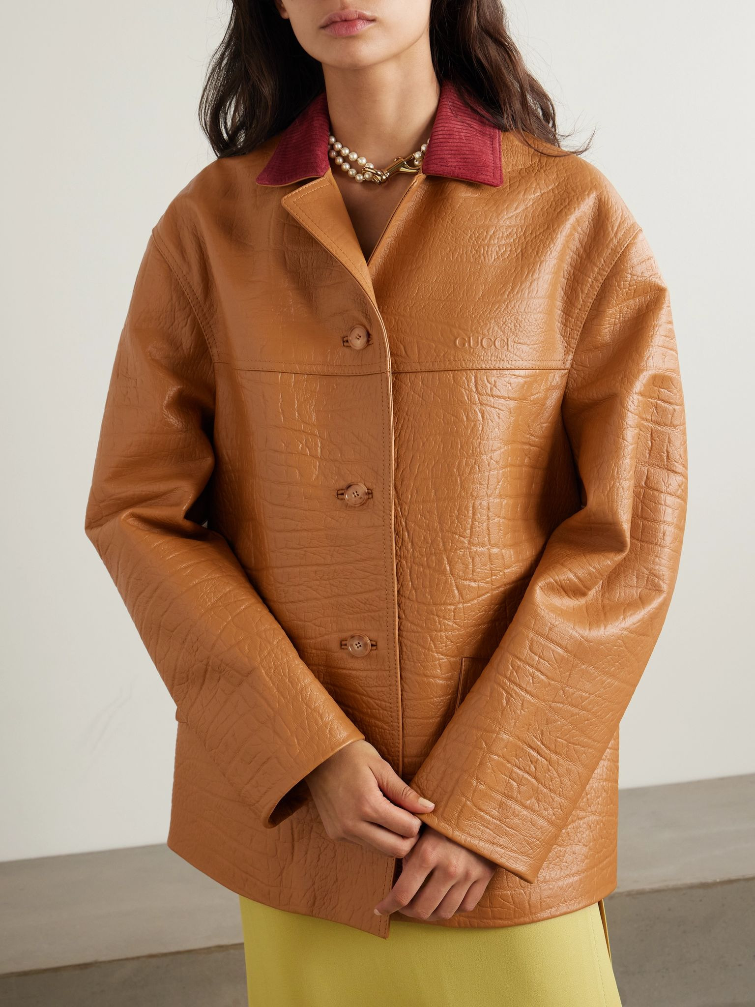Oversized suede-trimmed textured-leather jacket Brown - 3