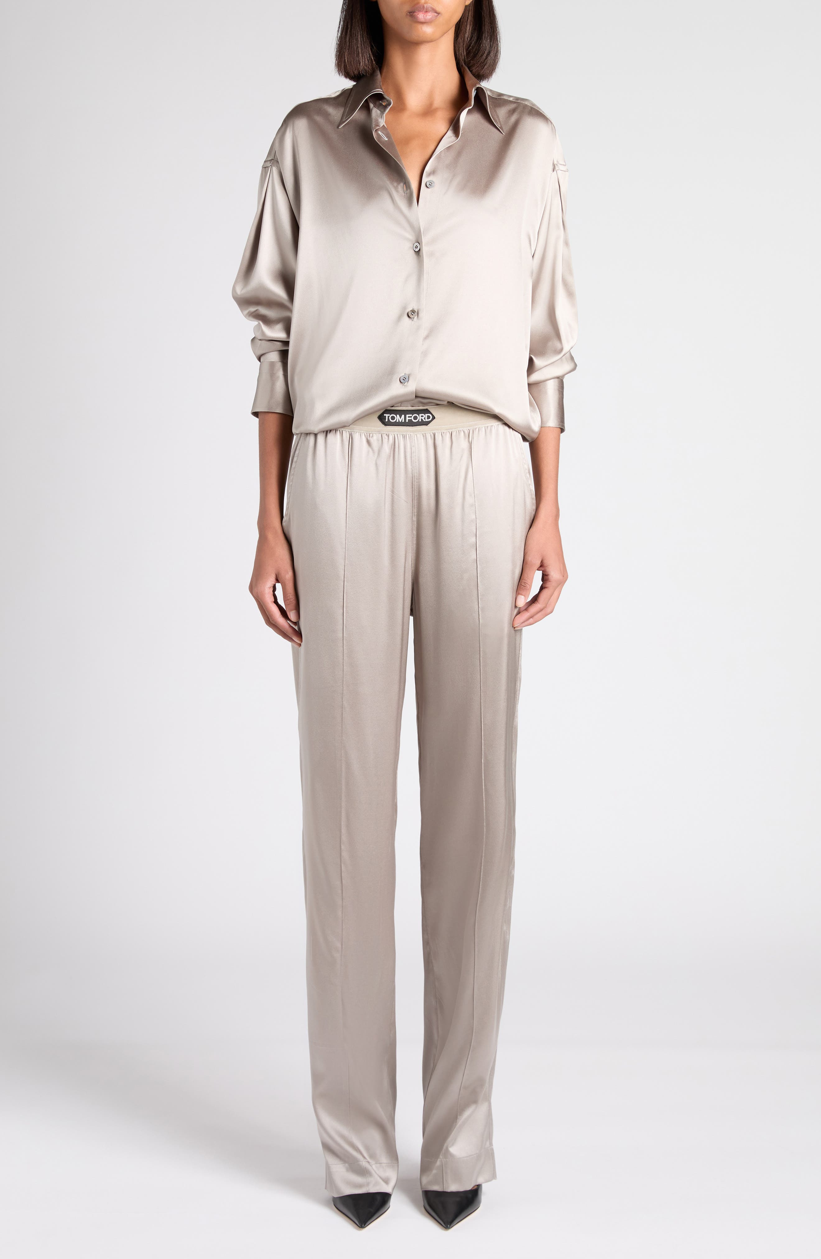 TOM FORD Relaxed Fit Stretch Silk Satin Blouse in Ig606 Dark Silver at Nordstrom - 6
