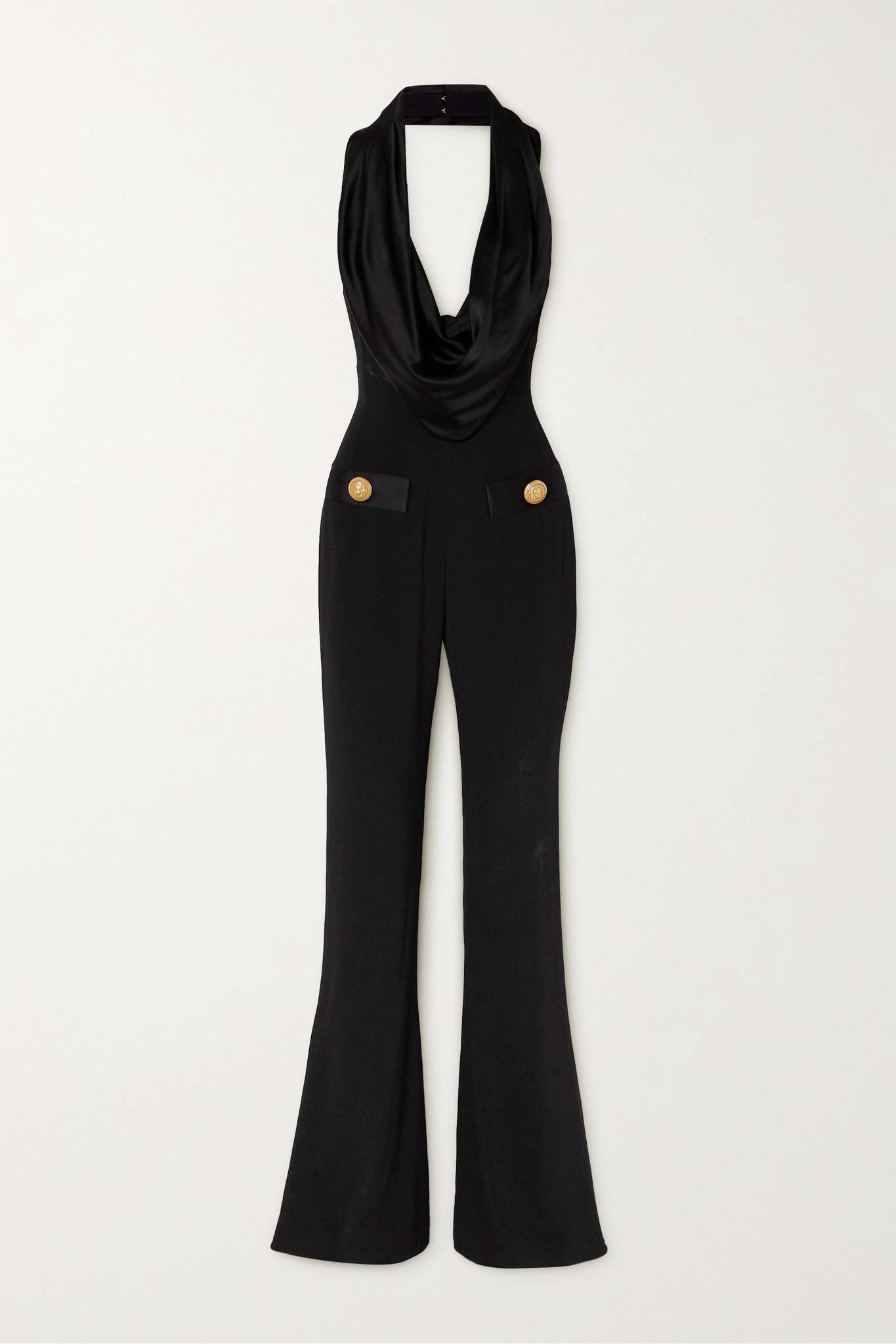 Button-embellished draped satin and crepe jumpsuit - 1