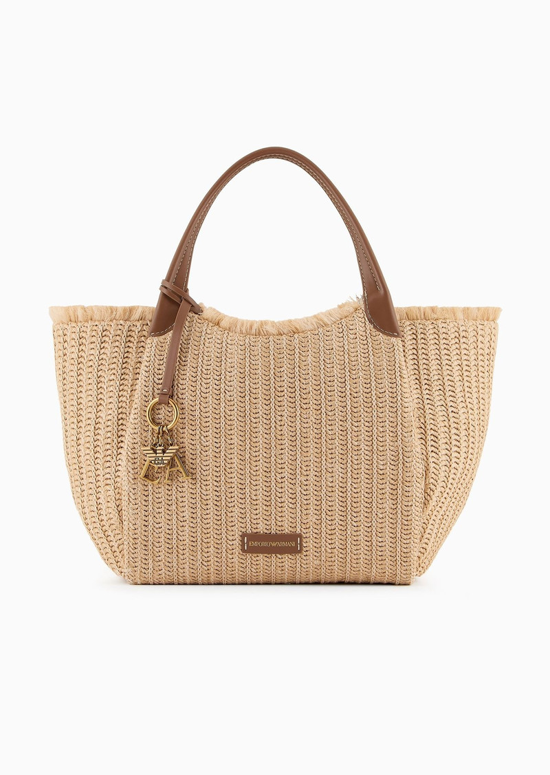 Woven straw shopper bag with logo charm 1