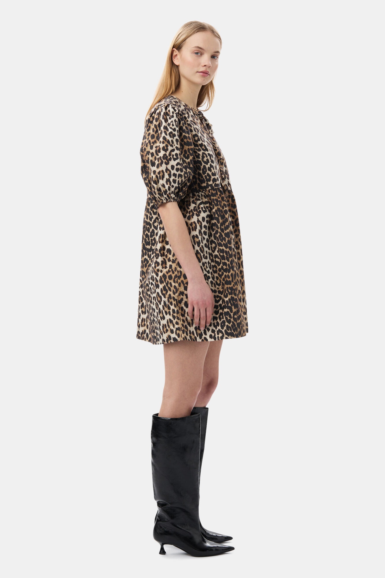 LEOPARD PRINTED COTTON TIE STRING MINI DRESS - 4