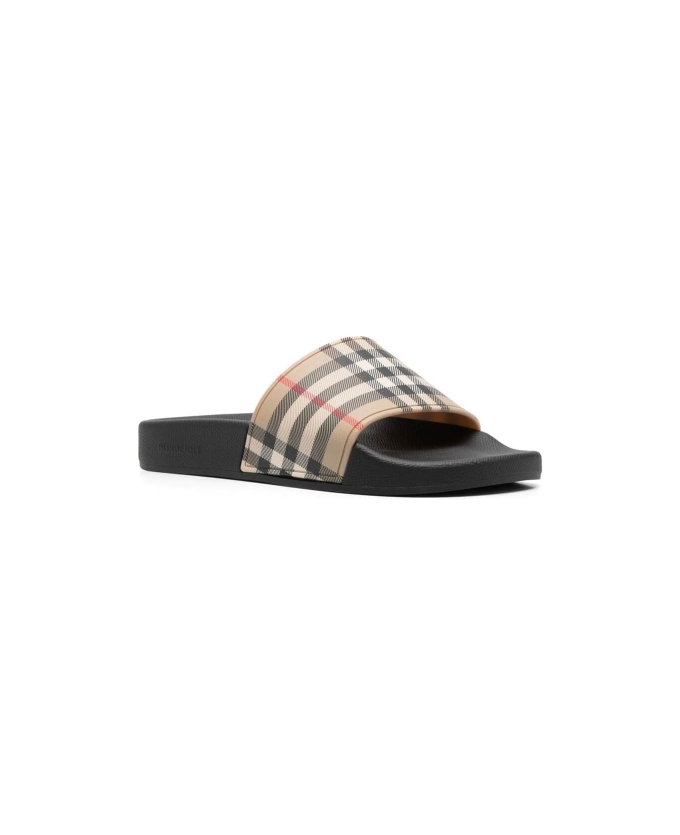 Brown Slides Sandals With Vintage Check Motif In Polyurethane - 2