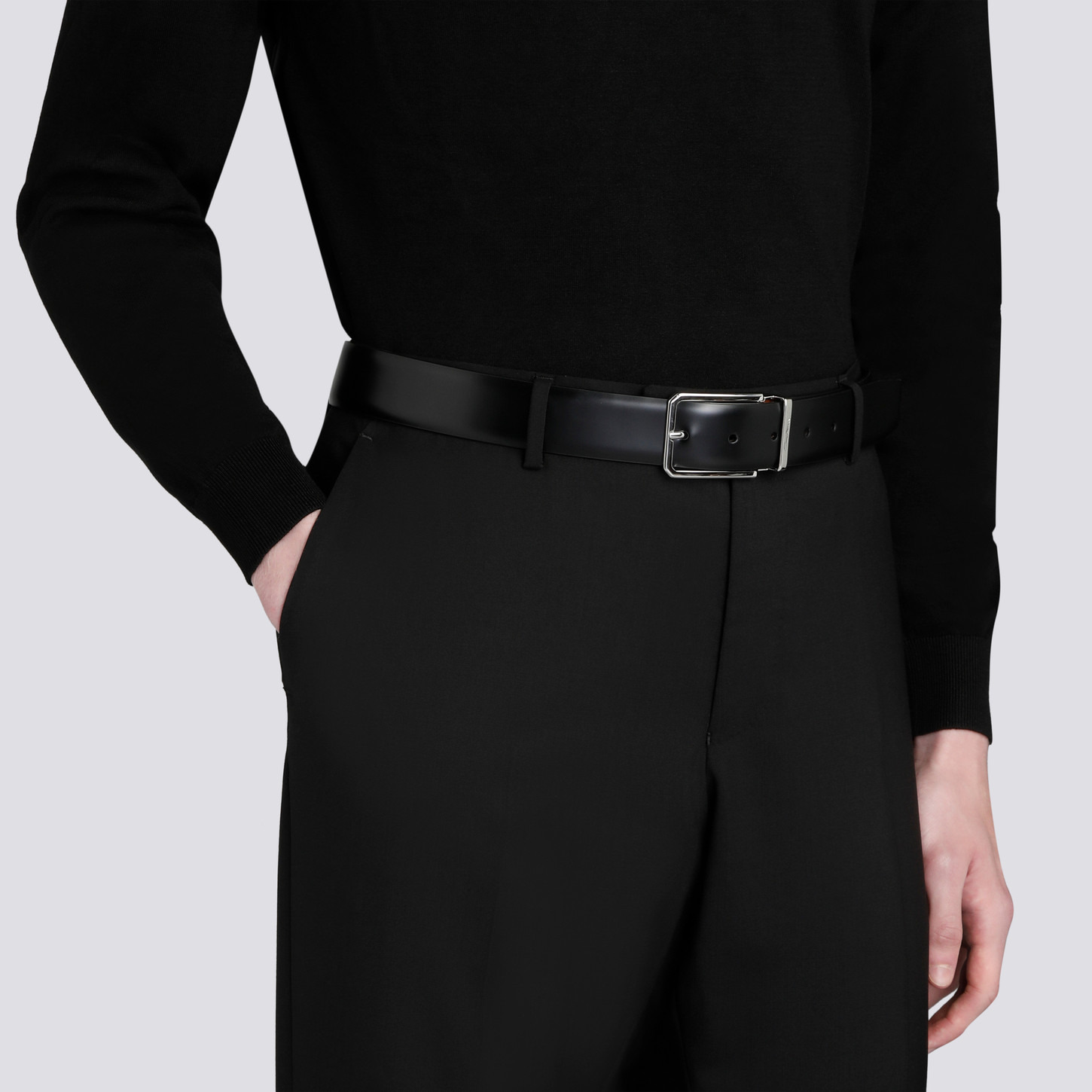 Men’s polished black leather adjustable belt - 2