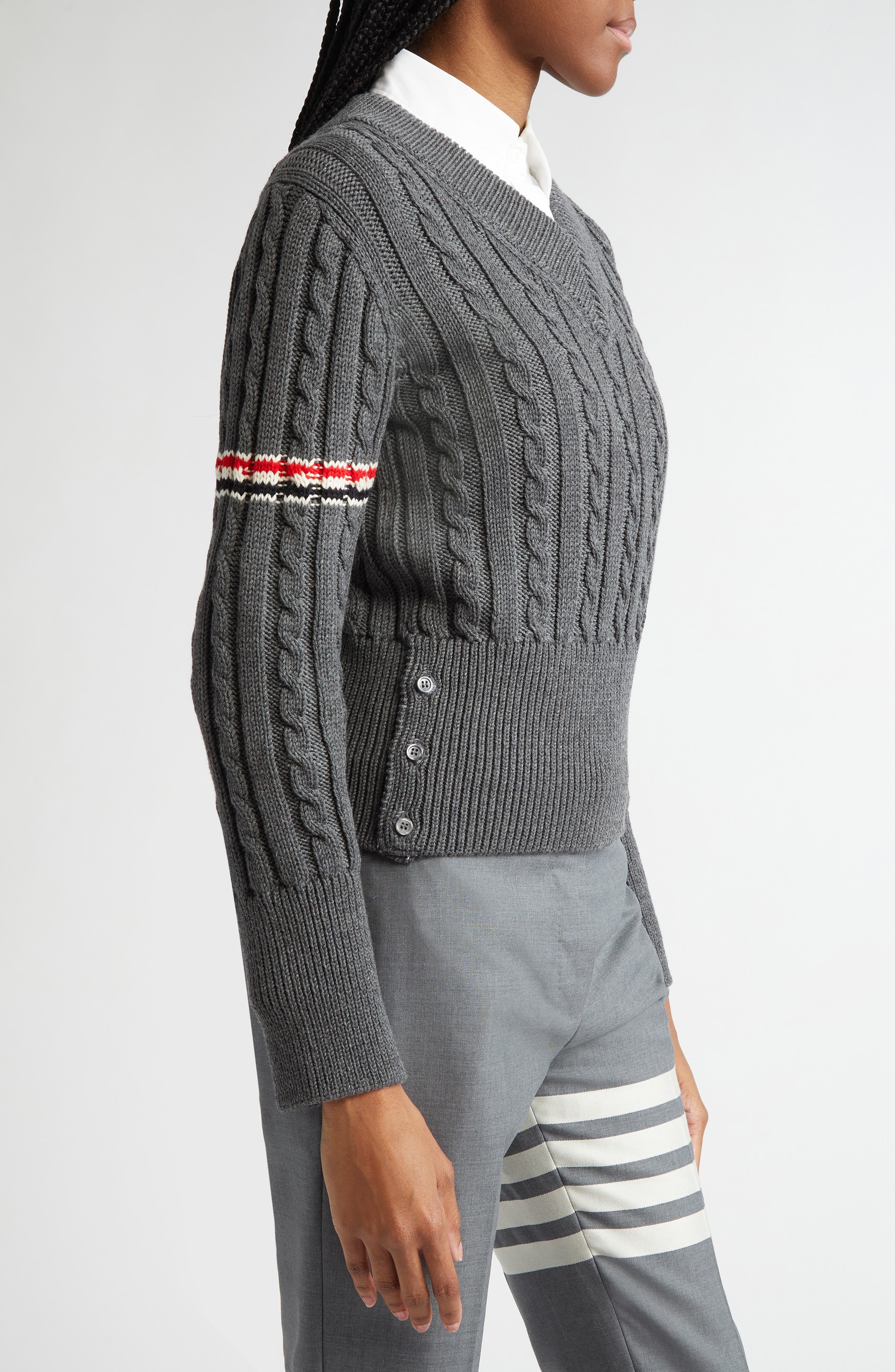 Thom Browne Cable Knit Virgin Wool V-Neck Sweater in Medium Grey at Nordstrom - 4