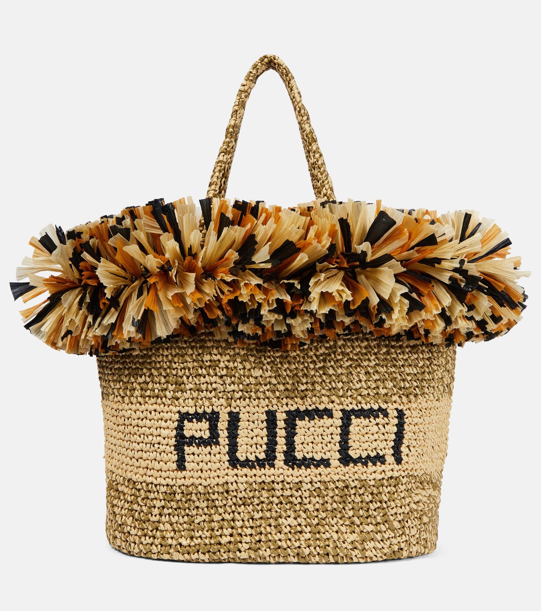 Logo fringe-trimmed raffia tote bag - 1