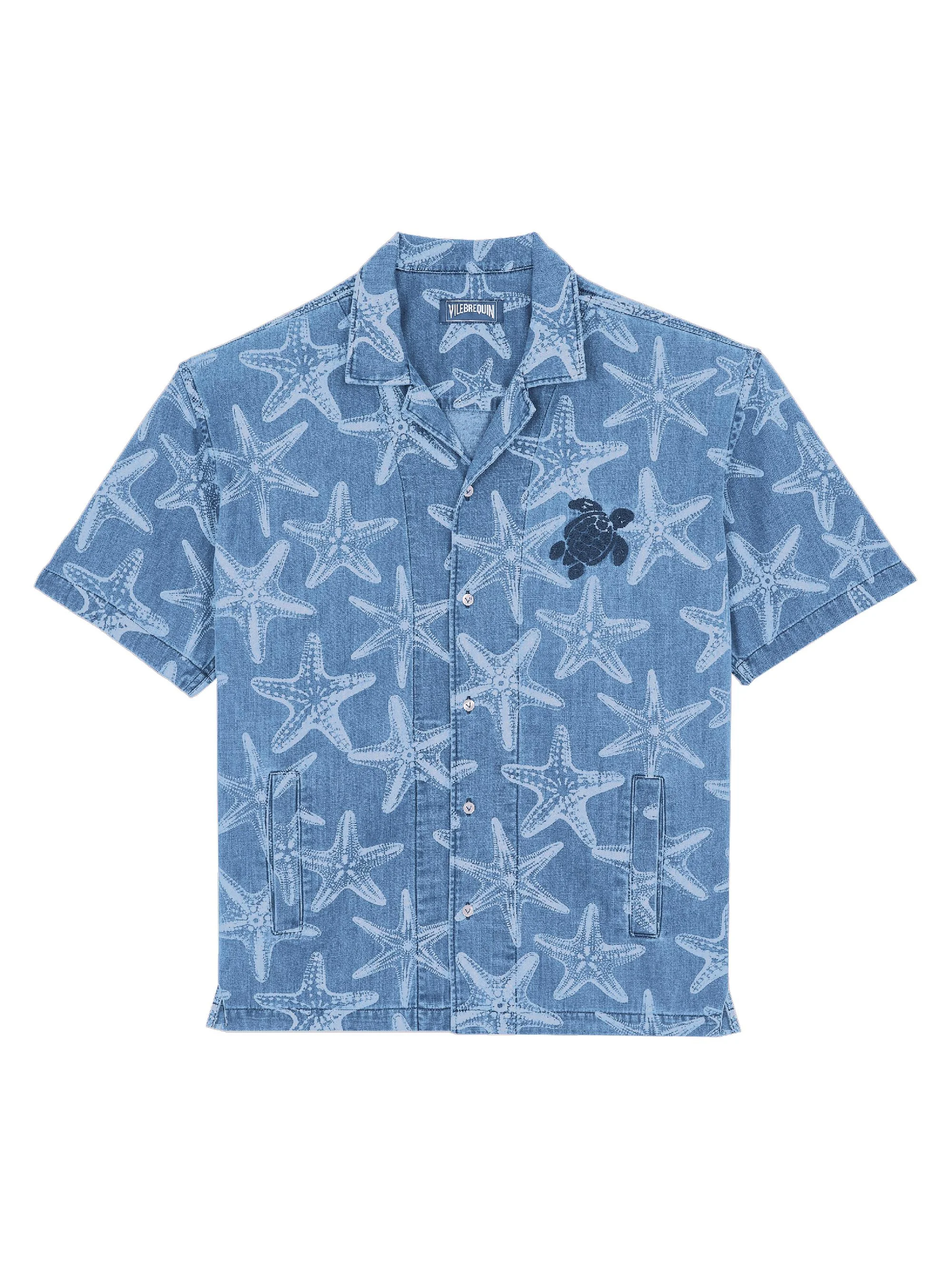 Men's Starfish-Printed Denim Shirt - Faded Wash - 1
