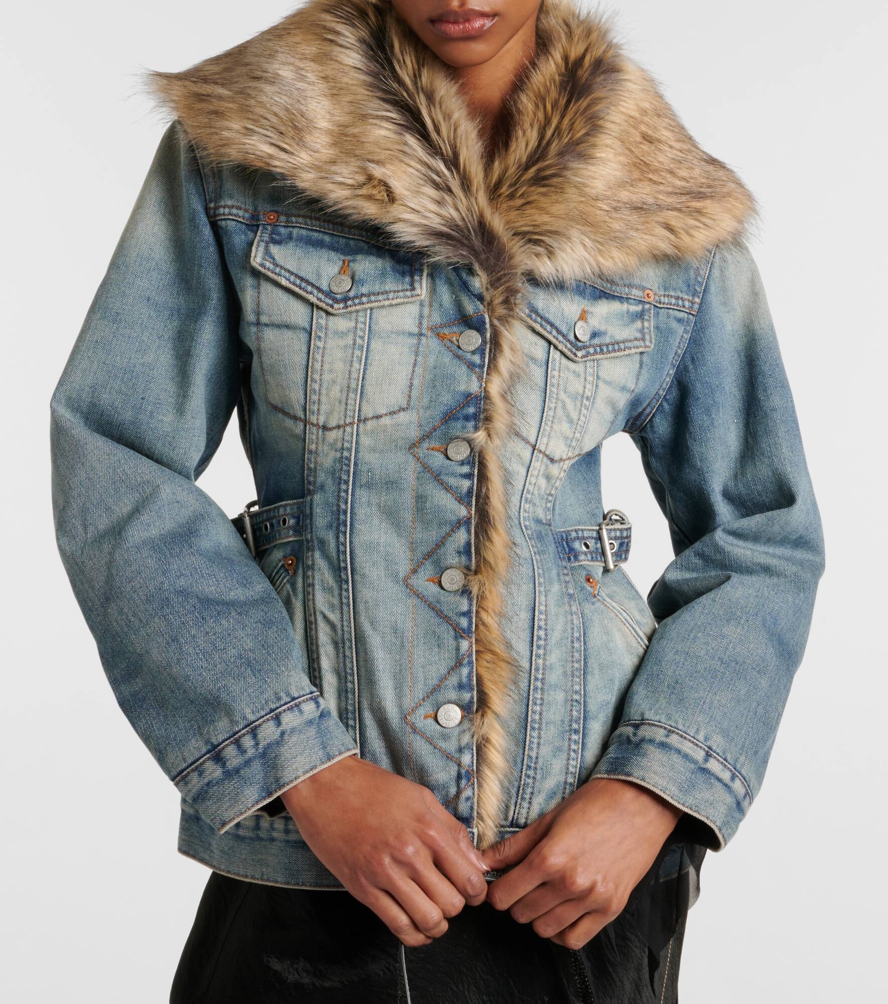 Faux fur-trimmed denim jacket - 5