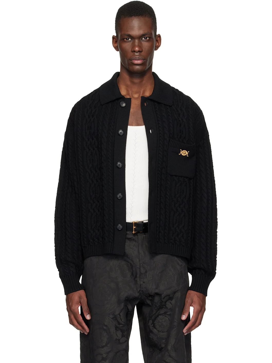 Black Mixed-Stitch Wool Knit Cardigan - 1