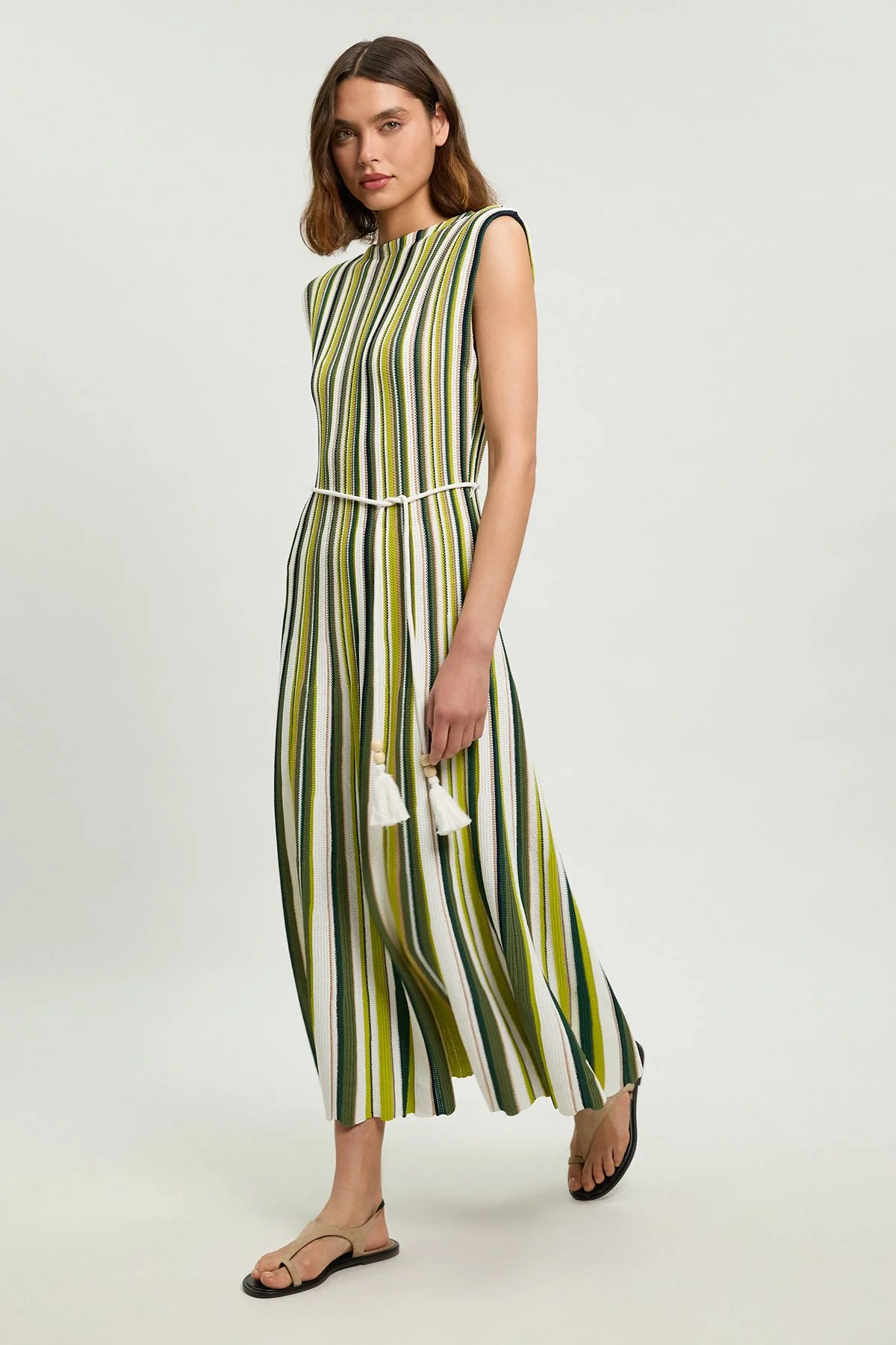 Knit Stripe Low Back Belted Midi Dress - 1