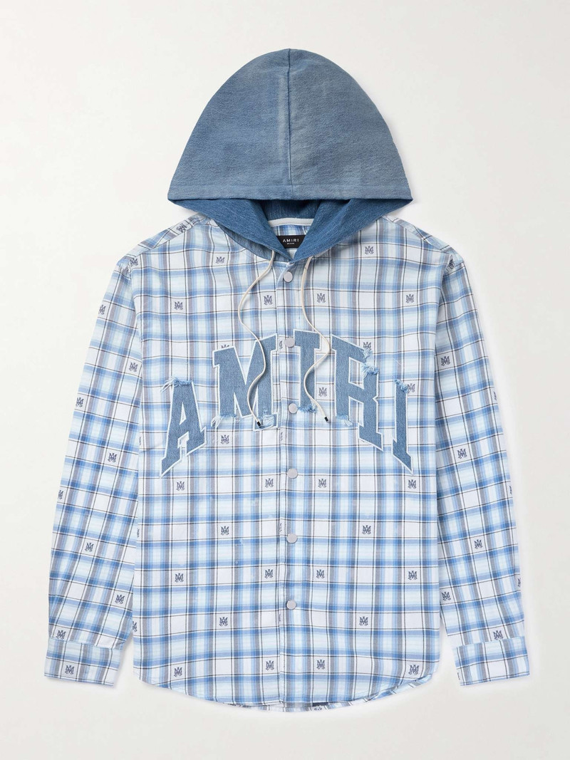 Denim-Trimmed Logo-Appliquéd Checked Cotton-Flannel Hooded Overshirt - 1