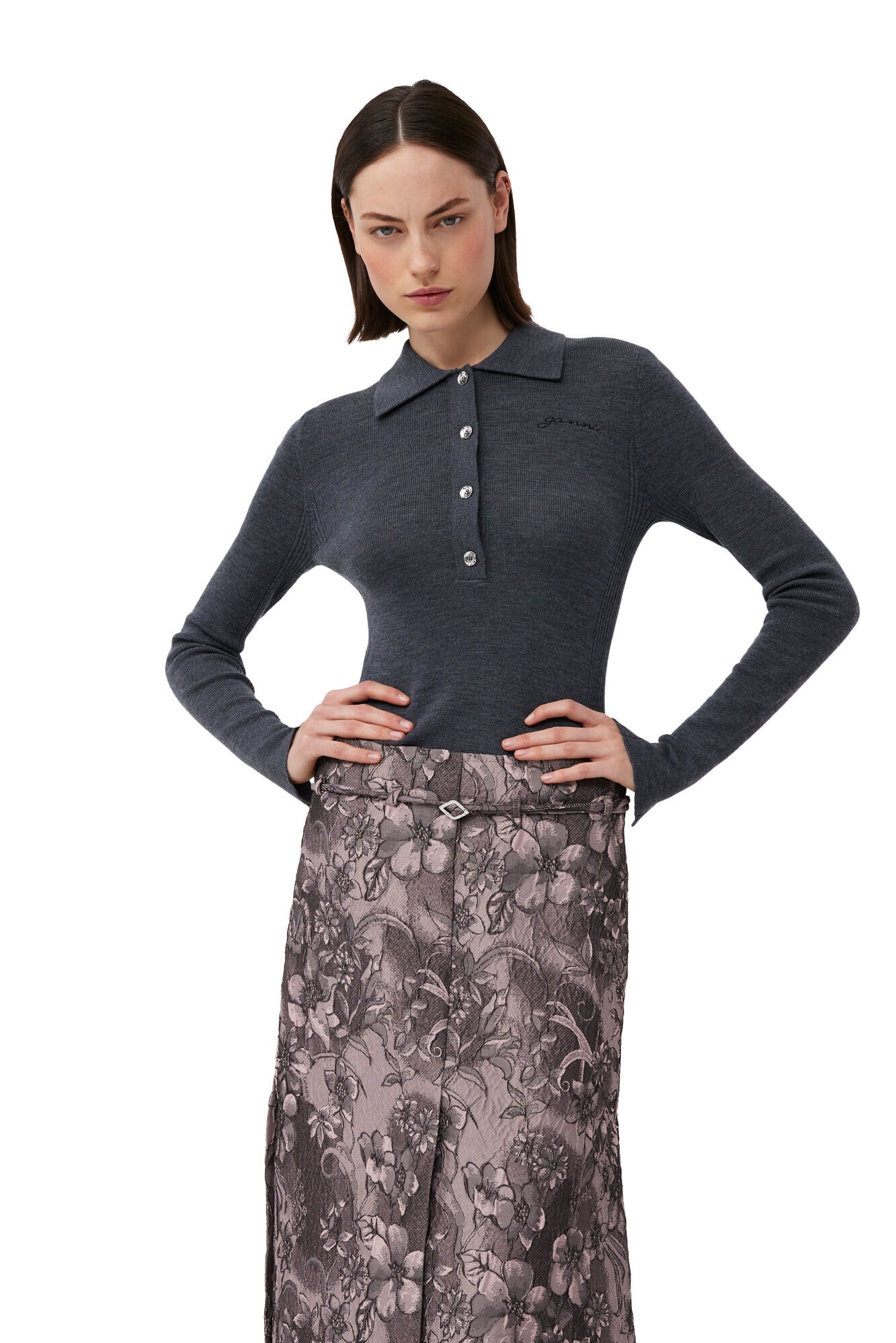 GREY RIBBED MERINO POLO - 3