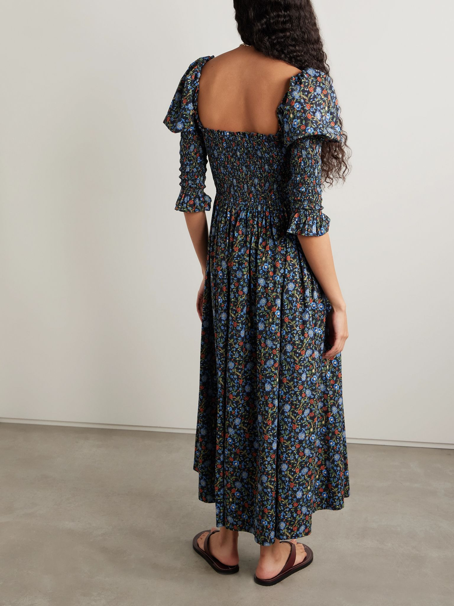 Bijou shirred floral-print organic cotton-voile midi dress Multi - 3