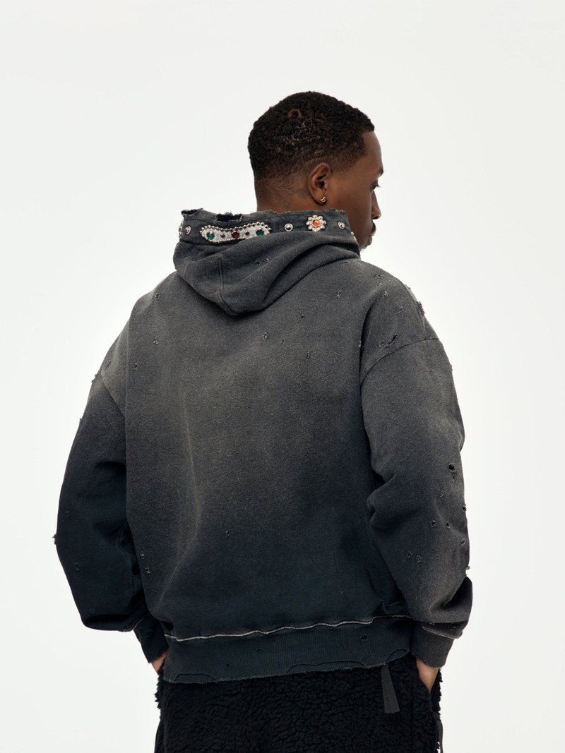 Kapital SWT KNIT THRILLER DAMAGED HOODIE (STUDS) (BLACK) outlook