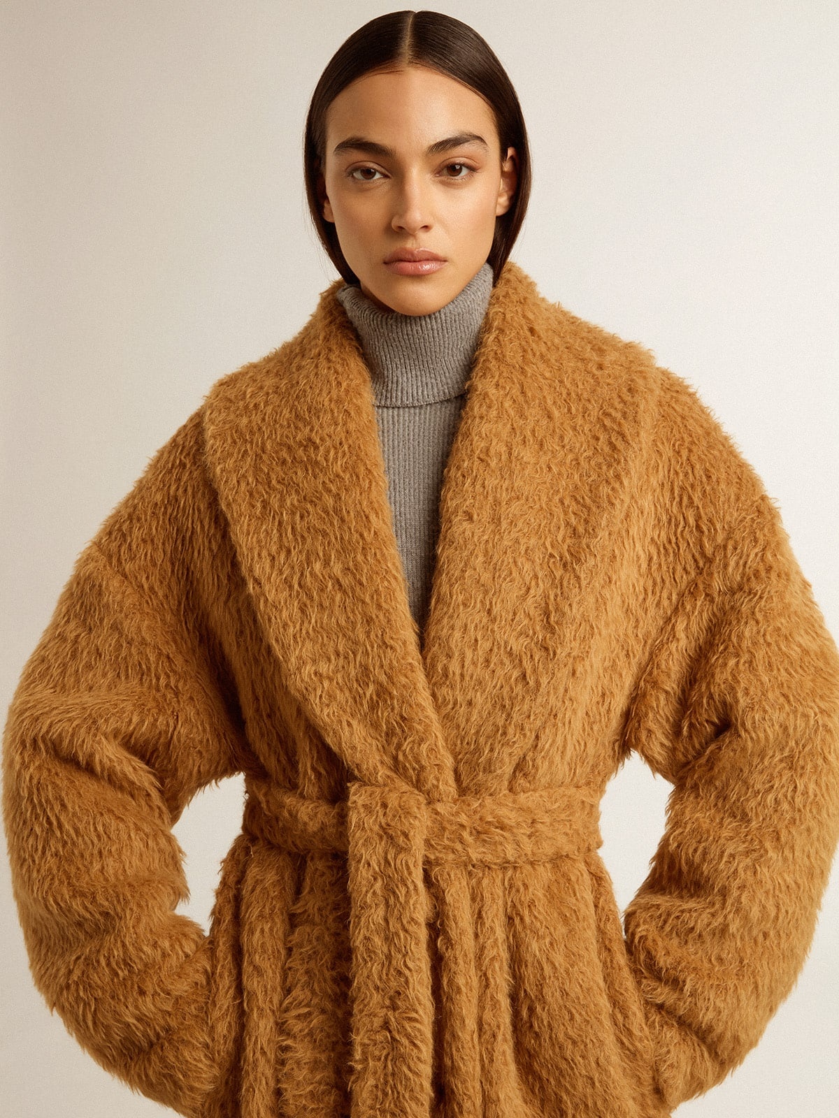 Women's coat with shawl collar in tobacco - 6