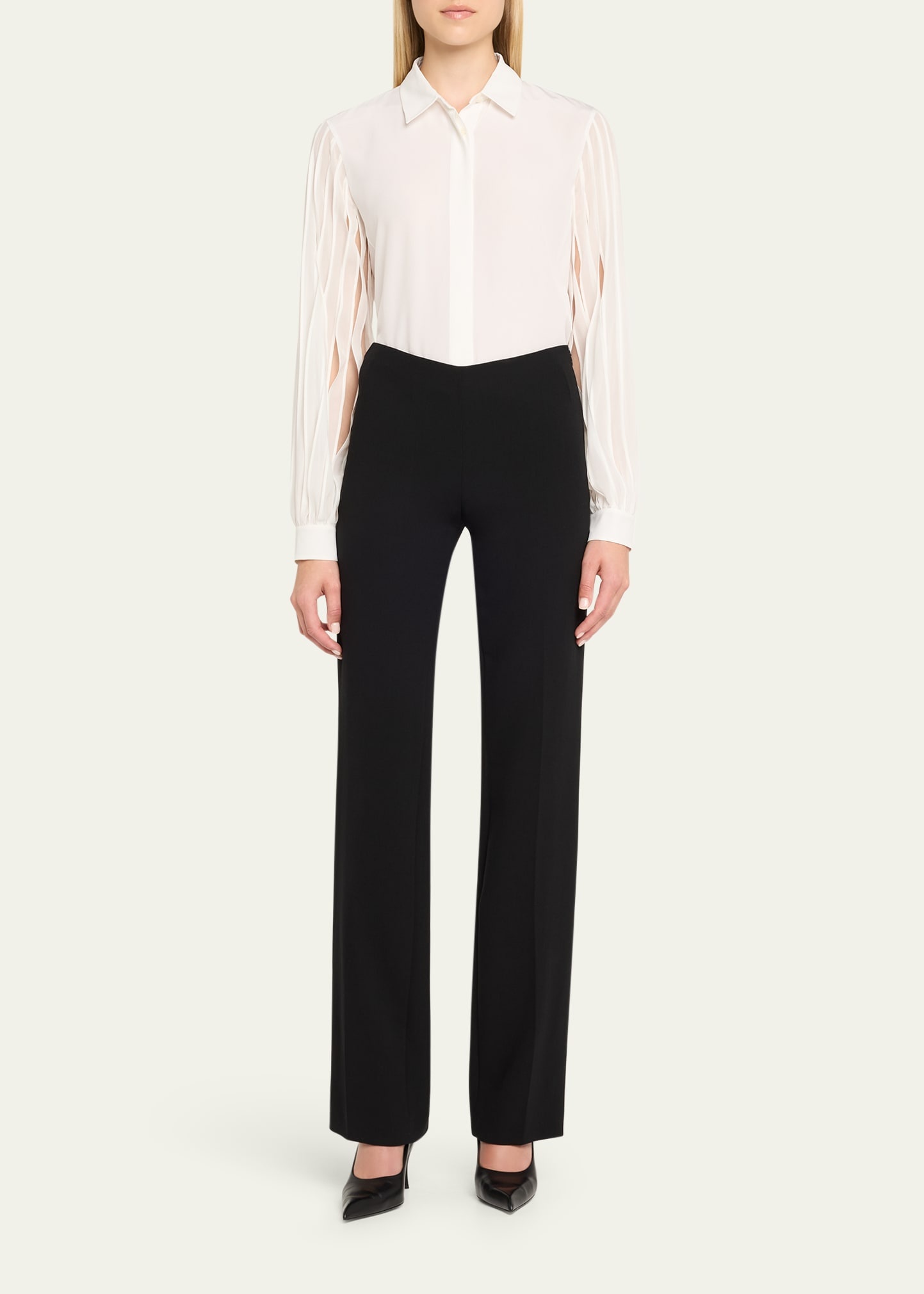 Silk Crepe Pleated-Sleeve Blouse - 2