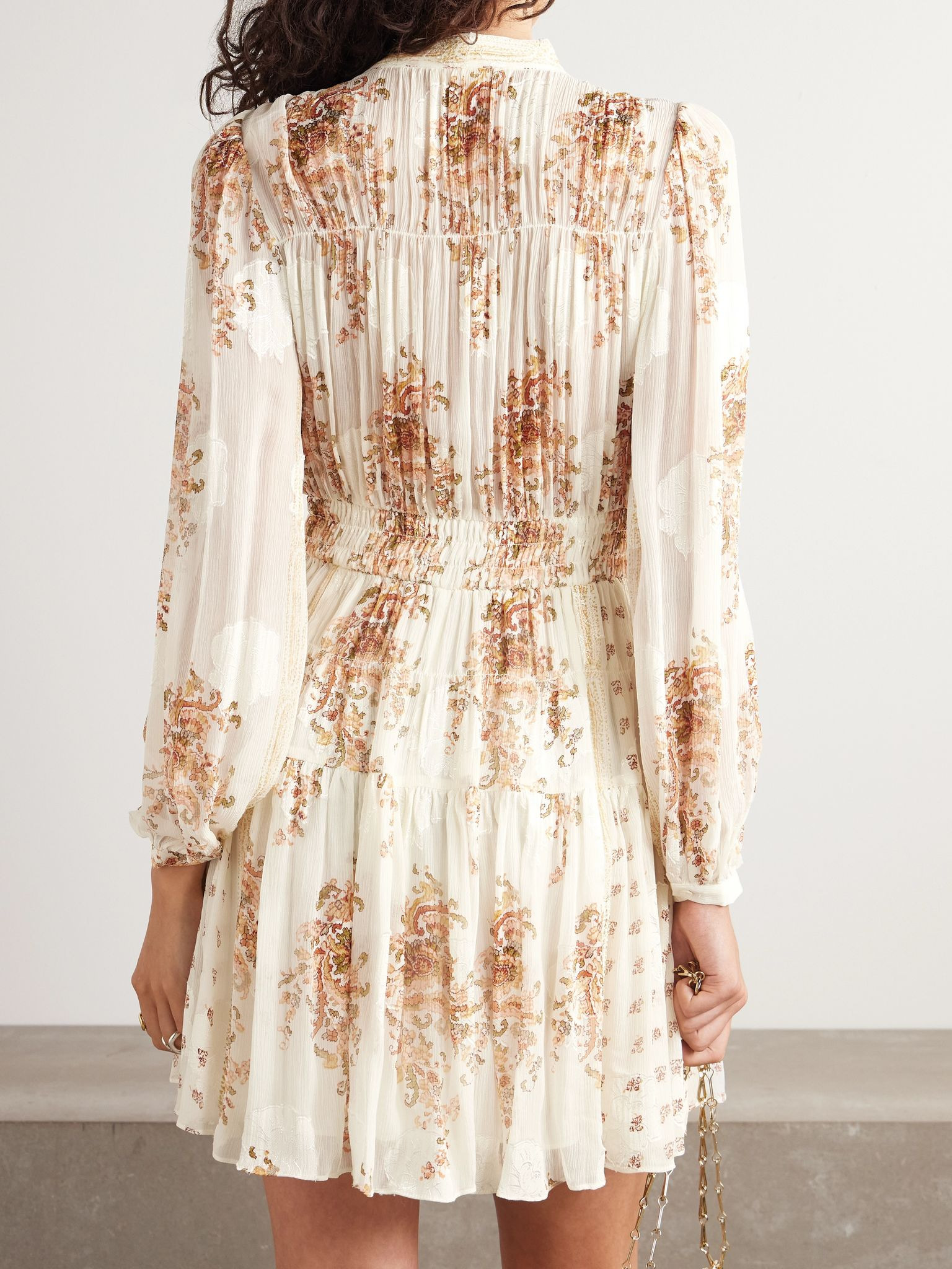 Maris tie-neck shirred gathered printed silk-blend crepon mini dress Cream - 4