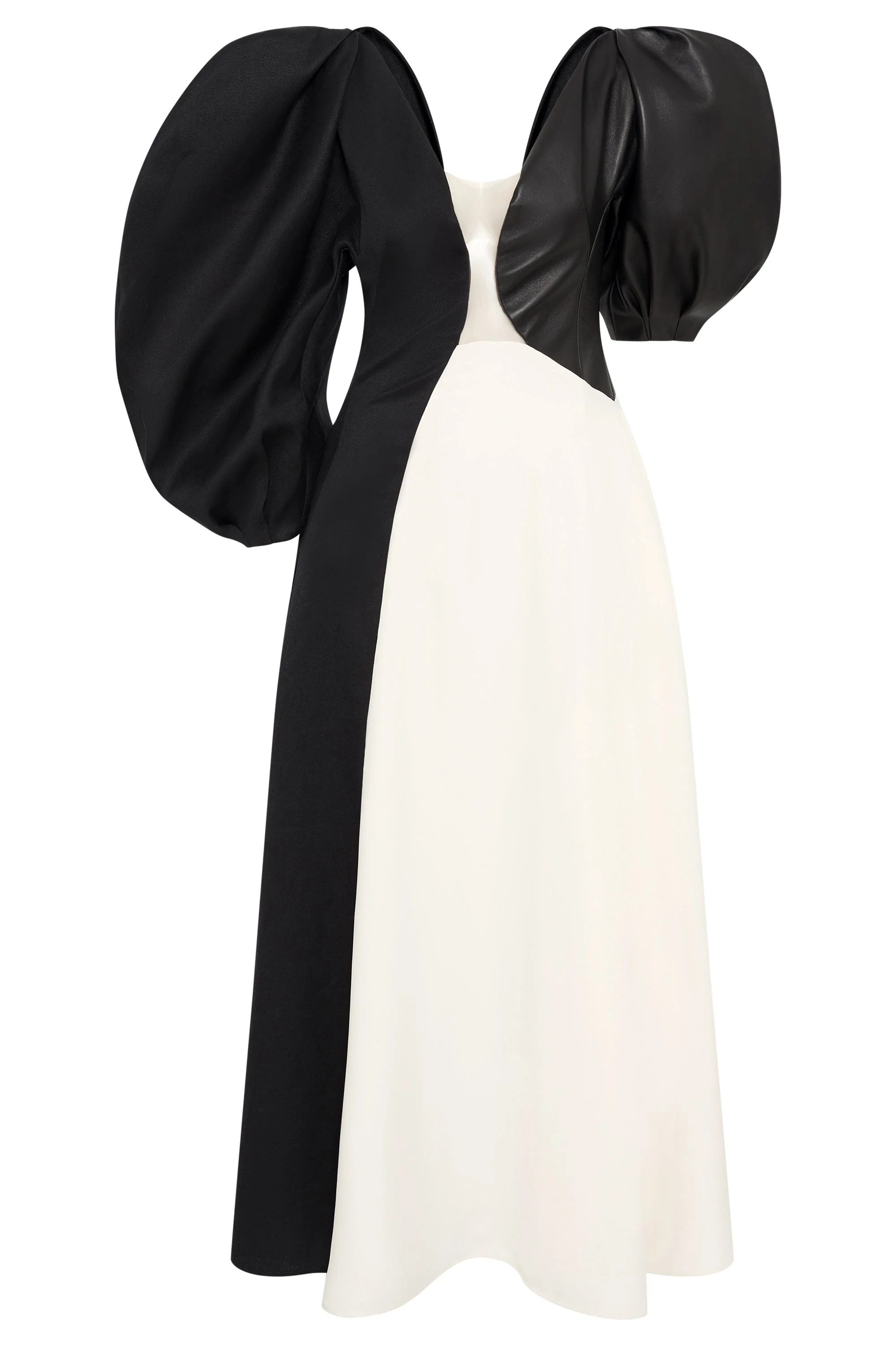 Sephir Puff Sleeve Maxi Dress in Ivory Silk Wool Cady, Black Linen Slub & Leather - 1