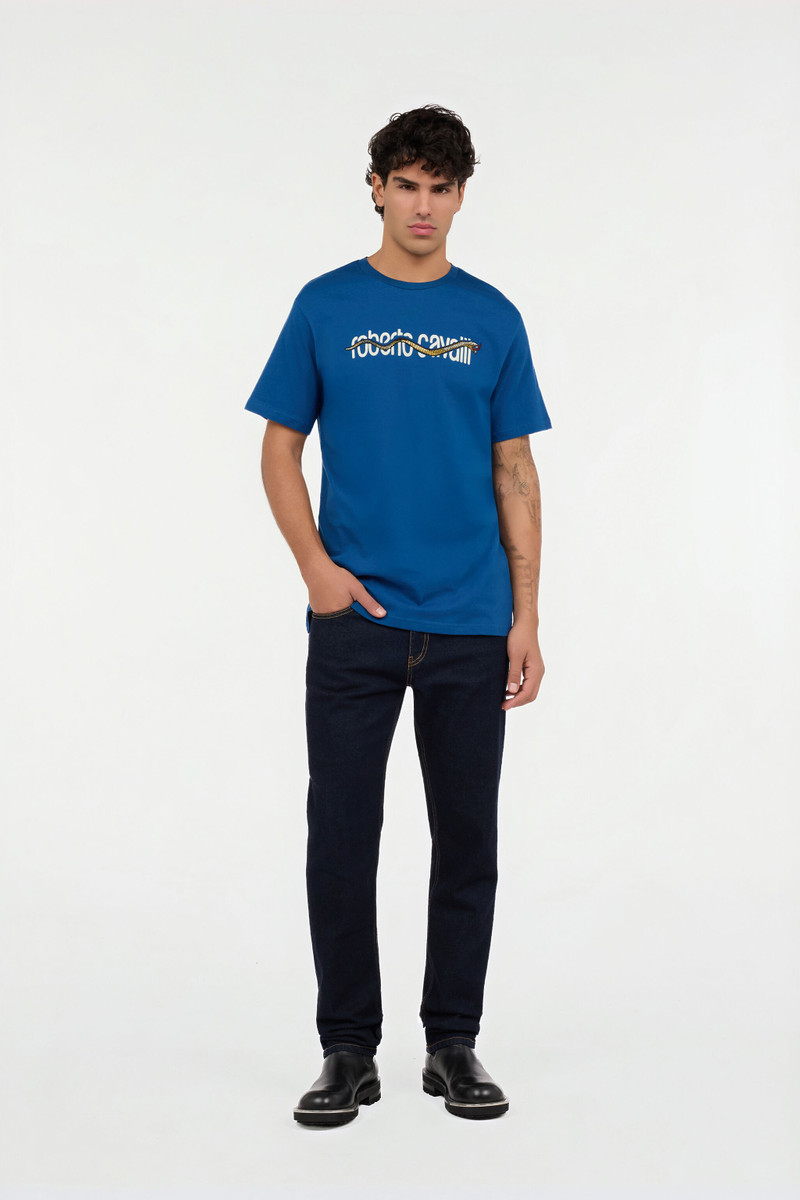 Roberto Cavalli Blue T-shirt with Logo and Snake outlook