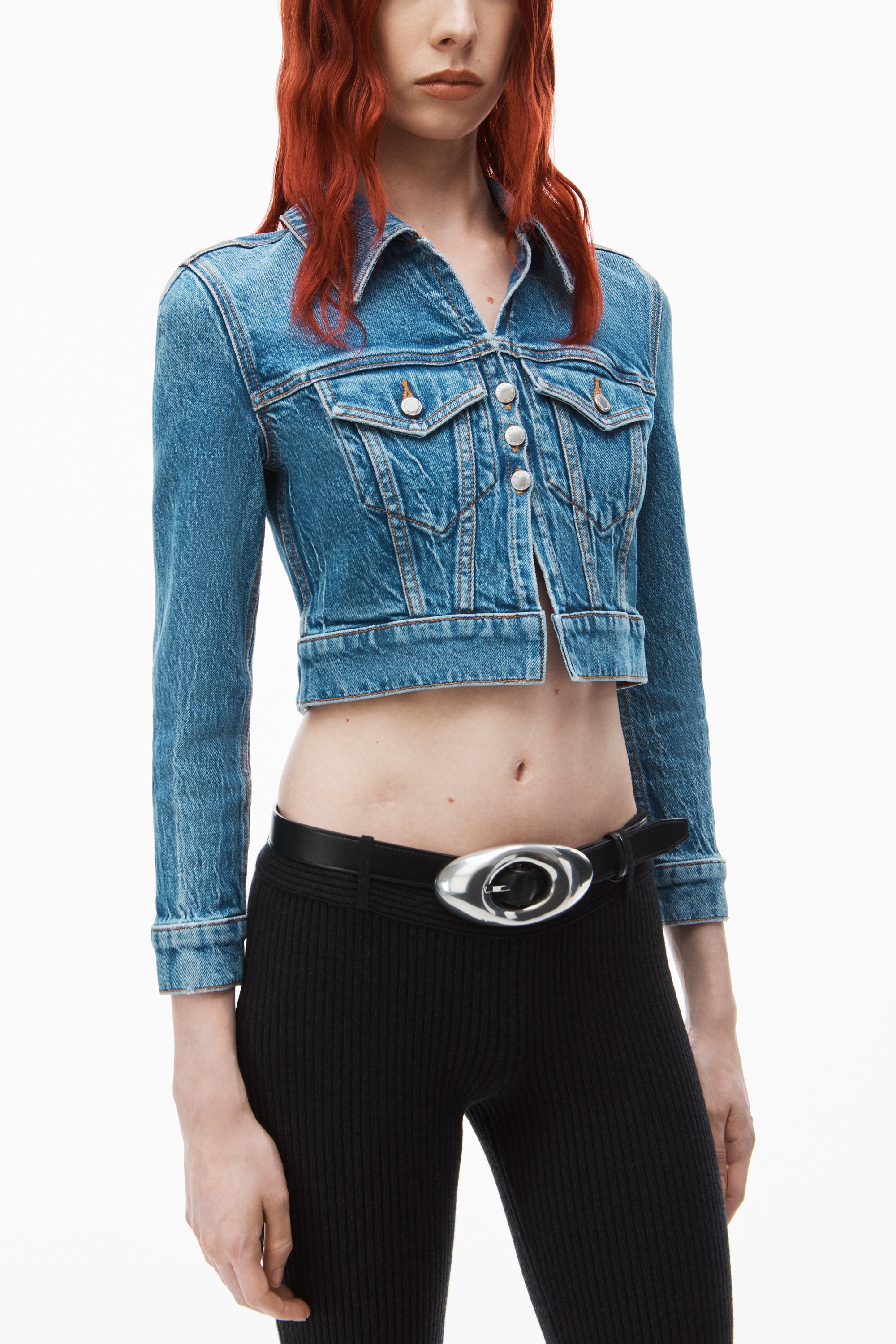 shrunken trucker cardi in denim - 3