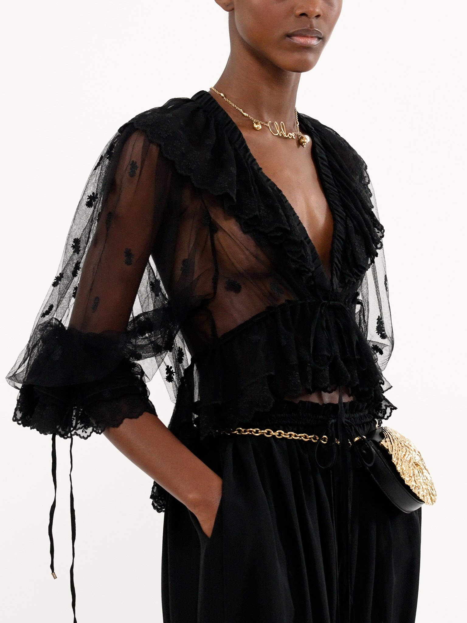 V-NECK RUFFLE TOP IN EMBROIDERED LACE - 5