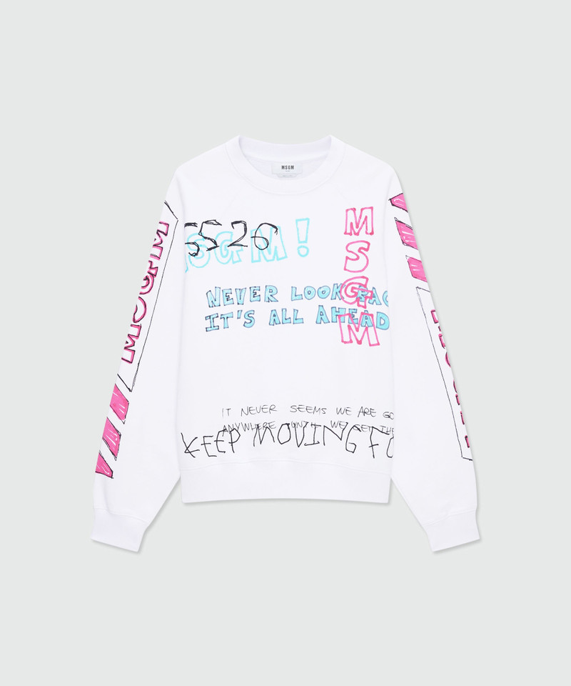 White cotton crew-neck sweatshirt with all-over print 1
