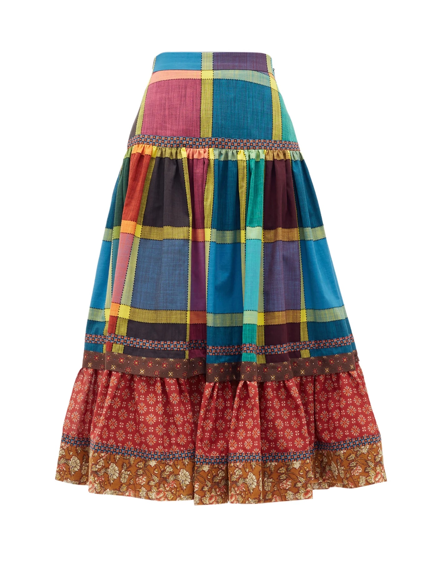 Madras-check gathered A-line cotton midi skirt - 1