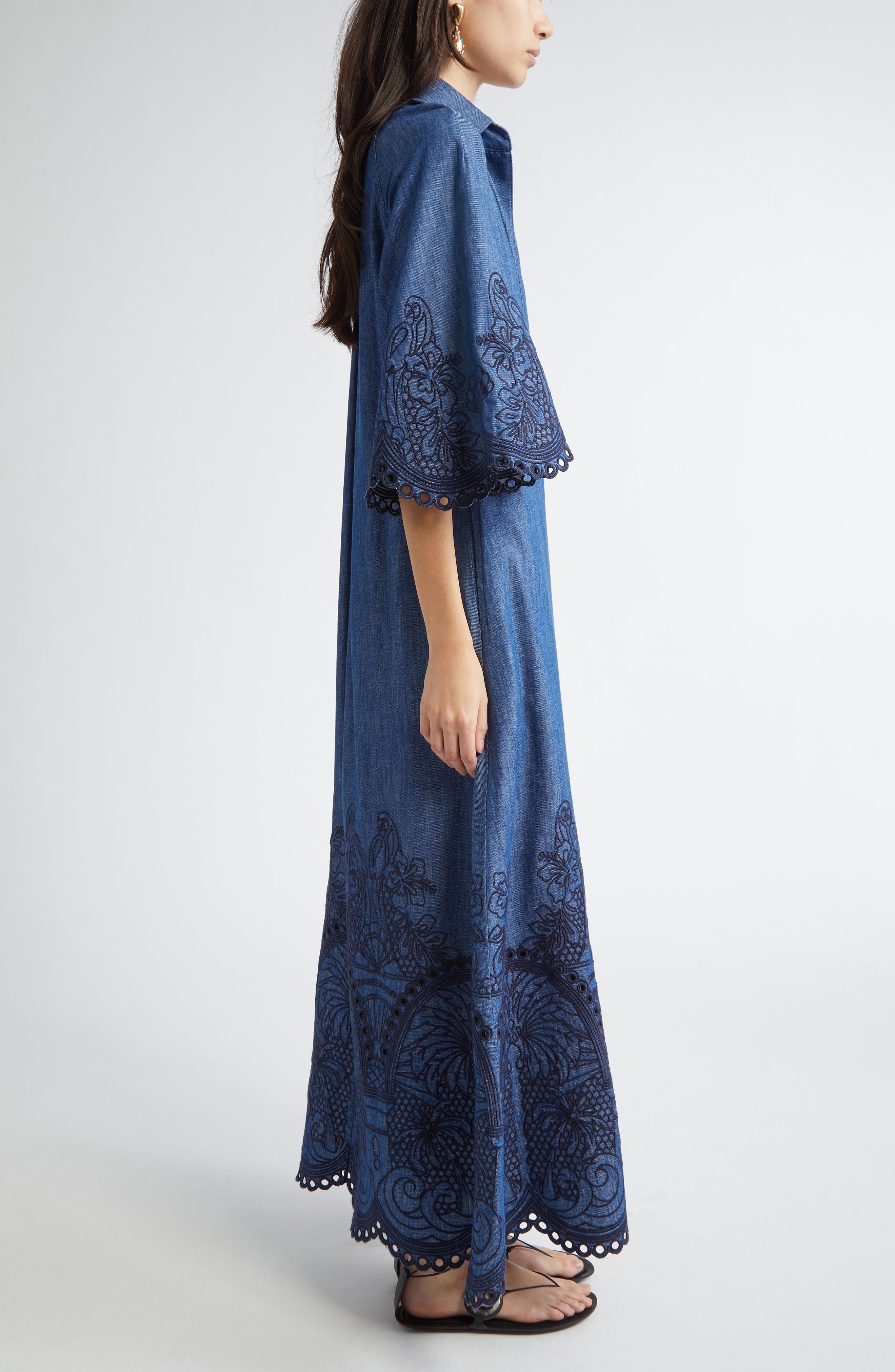 Zimmermann Coco Embroidered Denim Caftan Dress in Railway Blue at Nordstrom - 3