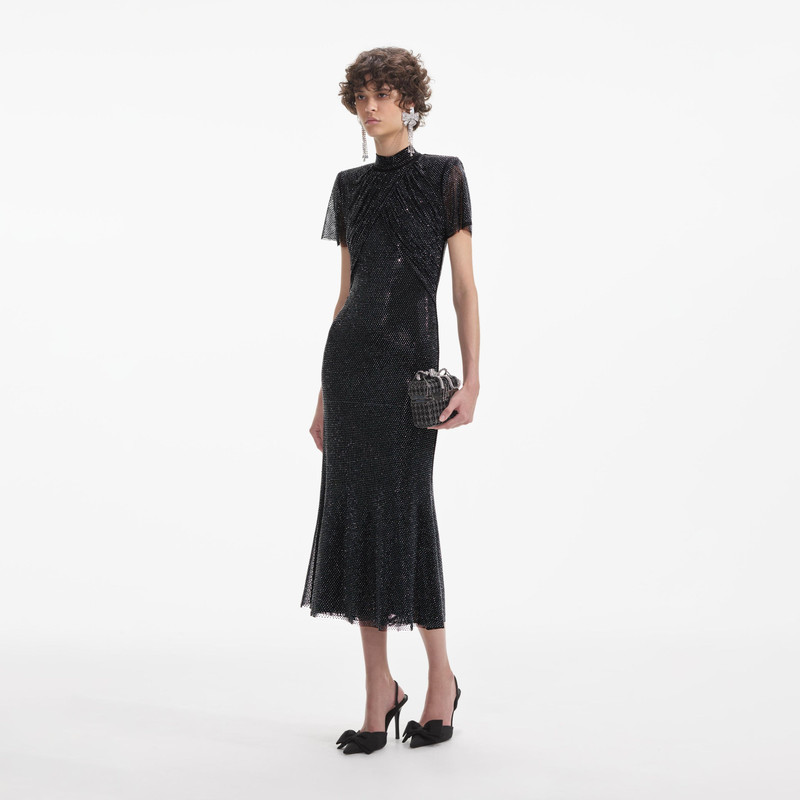 self-portrait Black Rhinestone Mesh Midi Dress - RS25-903M-B | REVERSIBLE