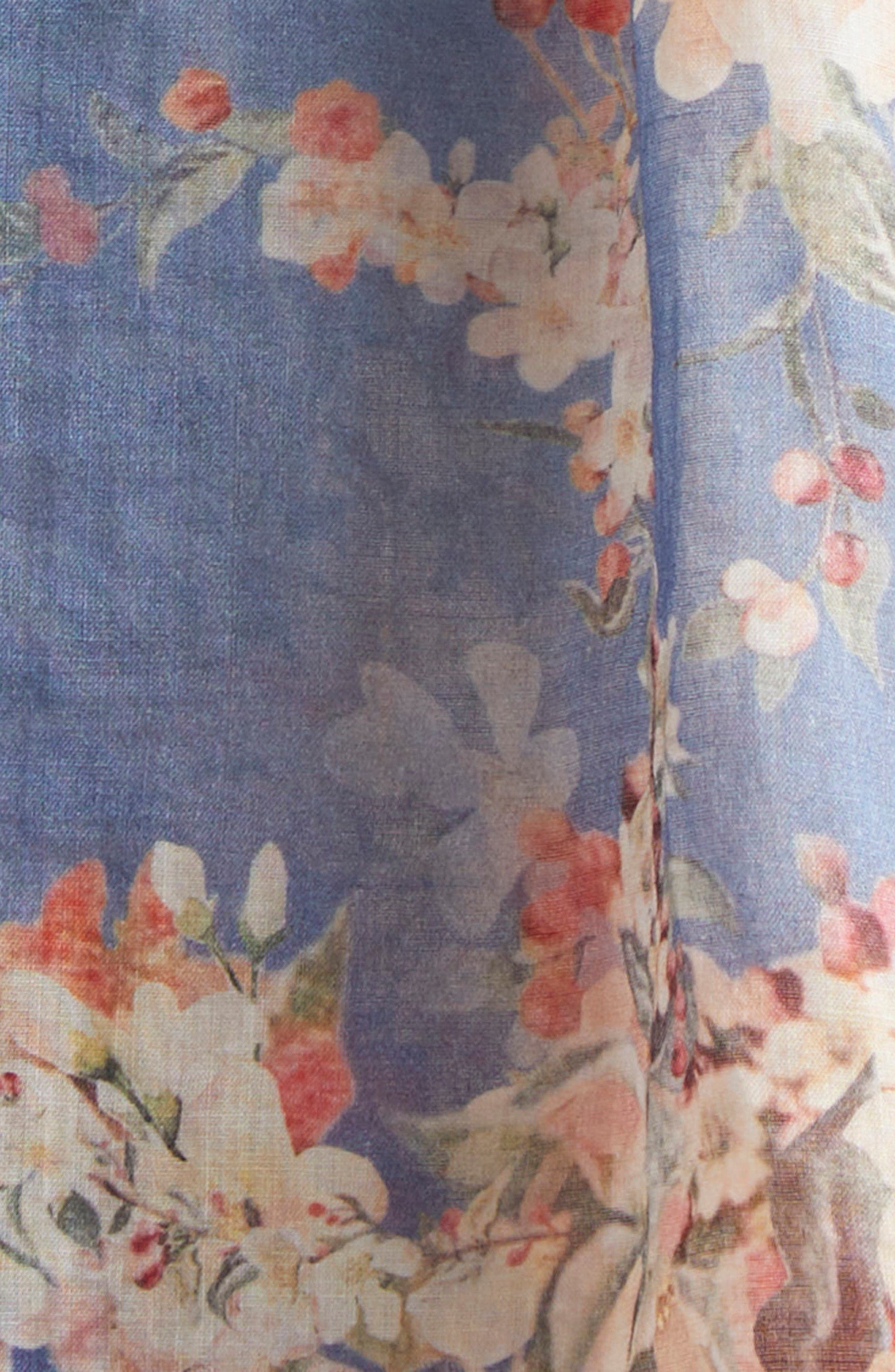 Zimmermann Cascadian Billow Linen Button-Up Shirt in Blue Botanical Floral at Nordstrom - 7