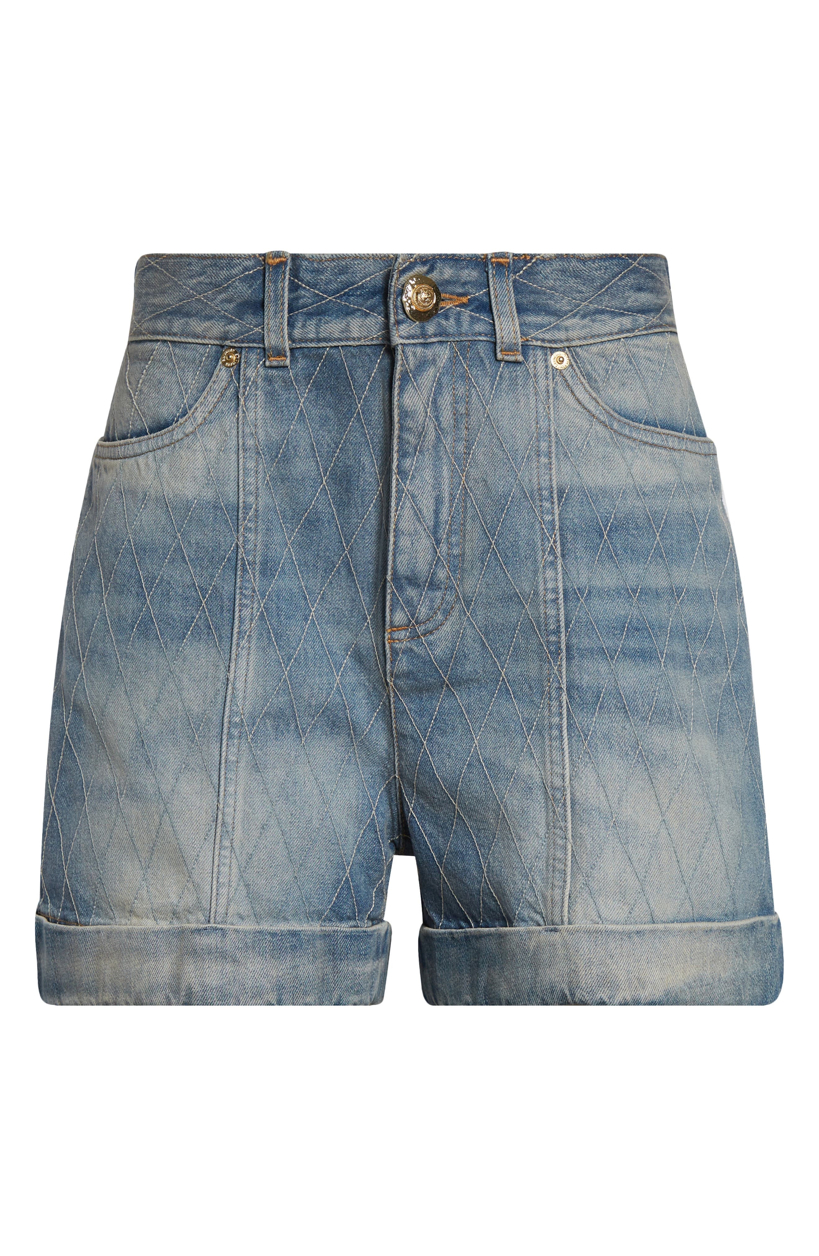 Balmain Quilted High Waist Denim Shorts in 6Fc Lt Blue at Nordstrom - 6