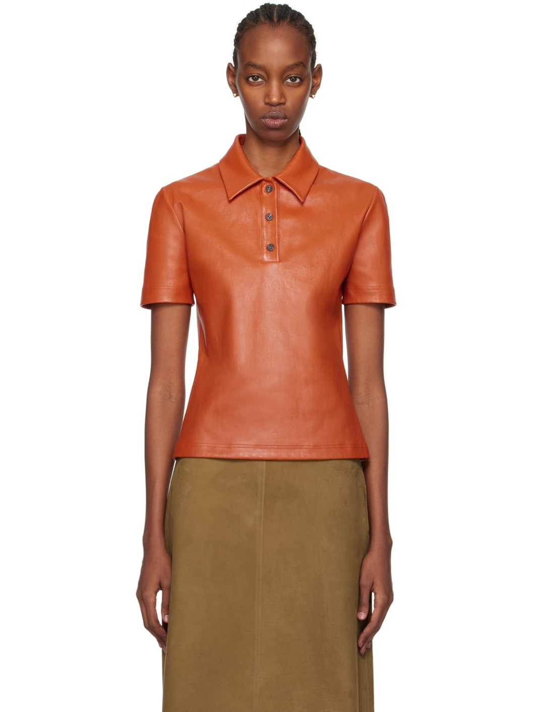 Orange Spread Collar Leather Polo - 1