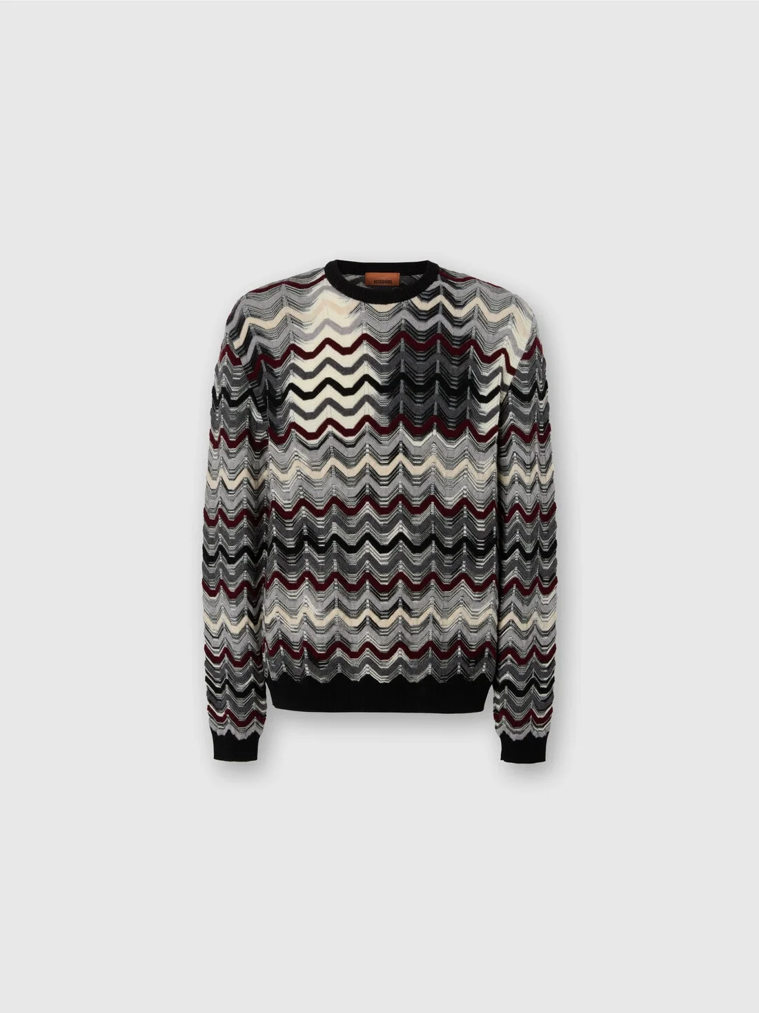 Crew Neck Sweater with Geometric Zigzag Pattern - 1