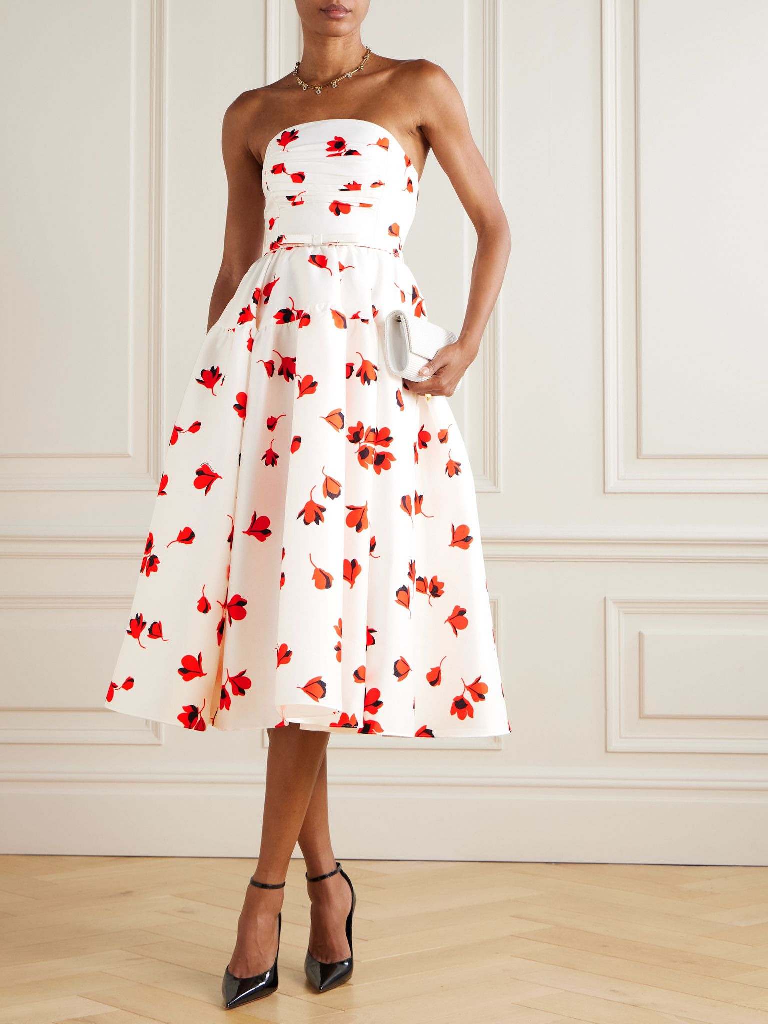 Strapless belted ruched floral-print taffeta midi dress White - 2
