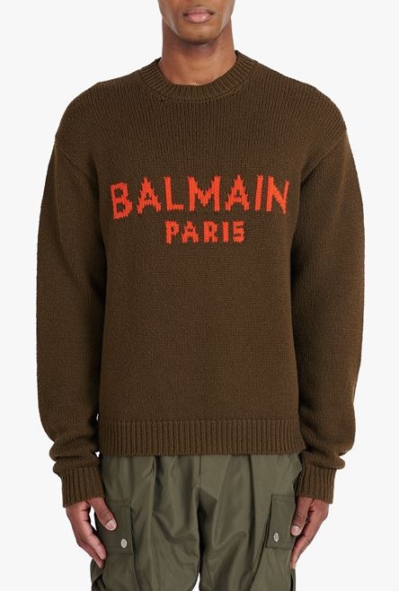 Khaki wool sweater with orange Balmain Paris logo - 5