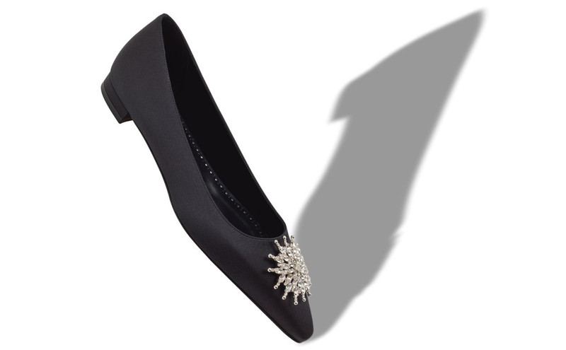 Manolo Blahnik Black Satin Crystal Embellished Flat Pumps outlook