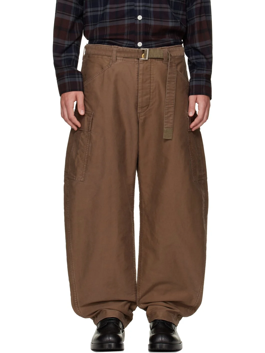 Brown Sueded Cotton Cargo Pants - 1